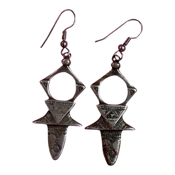 Vintage Tuareg Cross Sterling Silver Tribal Dangle Earrings Geometric Cutout 2" - Picture 6 of 8